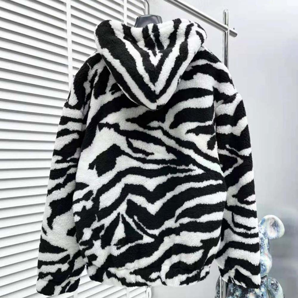 Side profile showing relaxed fit of Celine Men Jacket in Tiger-print Fleece-White