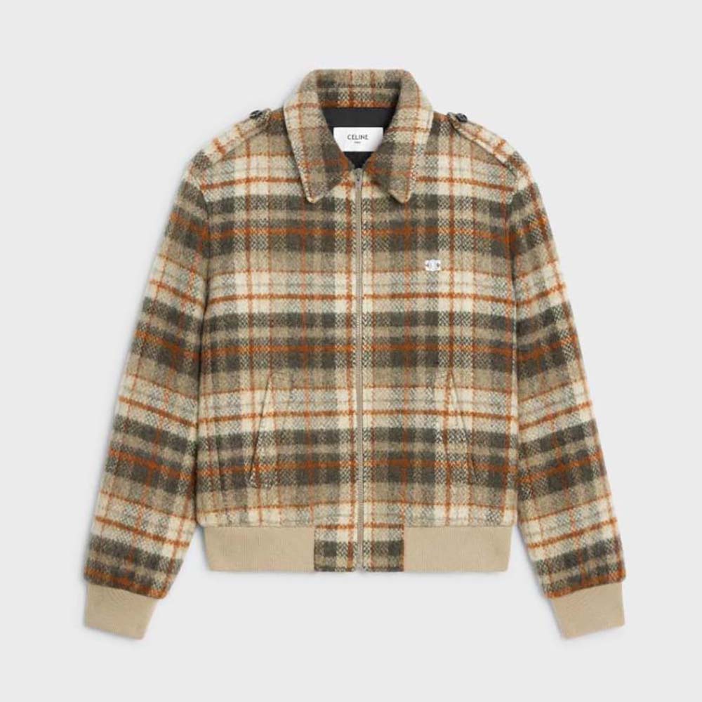 Front view of Celine Men Loose Teddy Jacket in brushed checked tweed