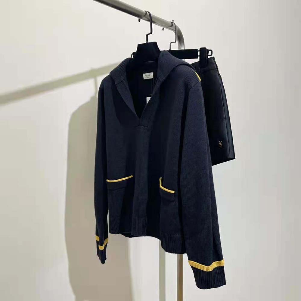 Close-up detail of patch pocket and buttons on Celine jacket
