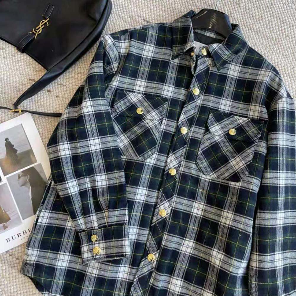 Side angle of Celine Men Overshirt in Tartan Cashmere highlighting relaxed fit