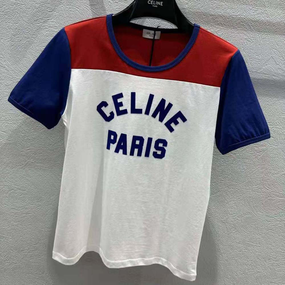 Side angle of Celine Men Paris 70’s T-shirt showing classic crew neck