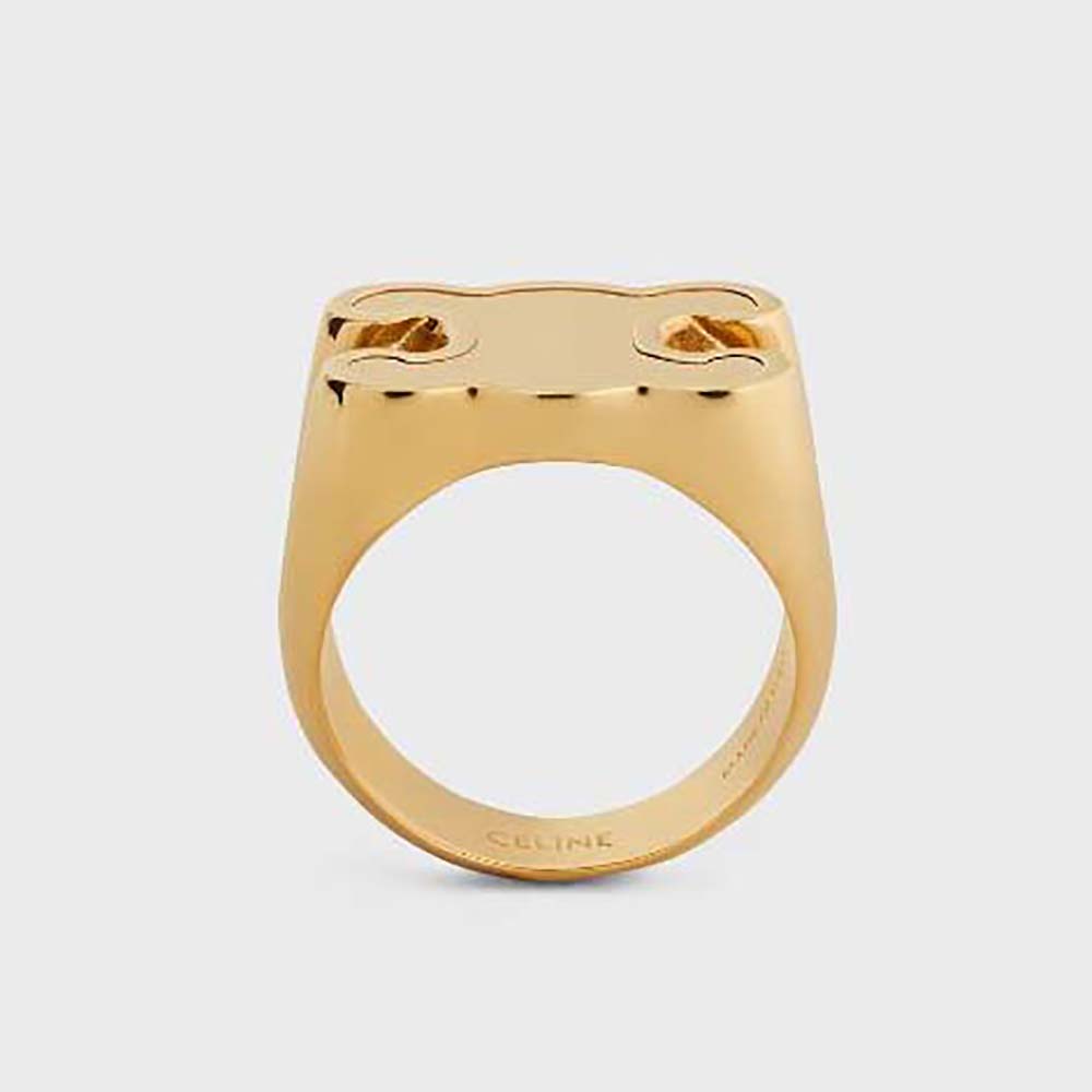 Top-down view of Celine Women Triomphe Chevalière Ring gold finish