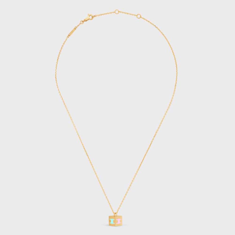 Close-up of Celine Women Triomphe Cube Necklace gold pendant detail