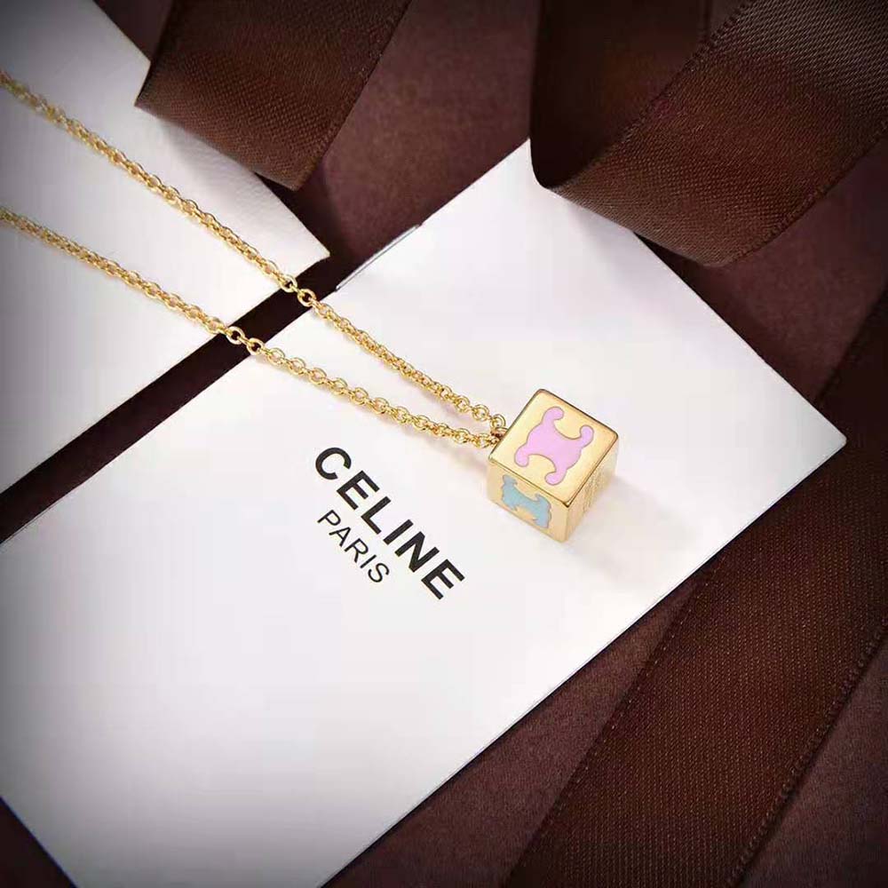 Celine Women Triomphe Cube Necklace in Brass with Gold Finish and Colored Enamel - image 5