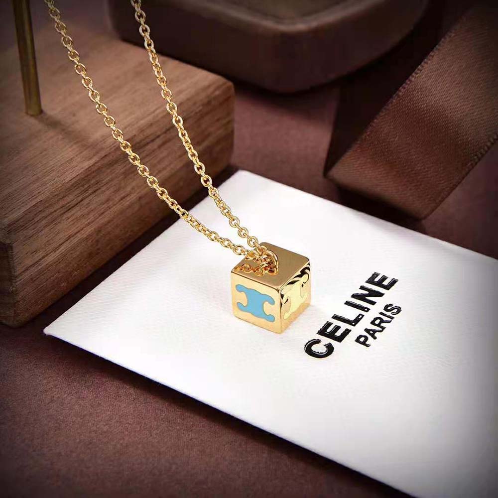 Celine Women Triomphe Cube Necklace in Brass with Gold Finish and Colored Enamel - image 4