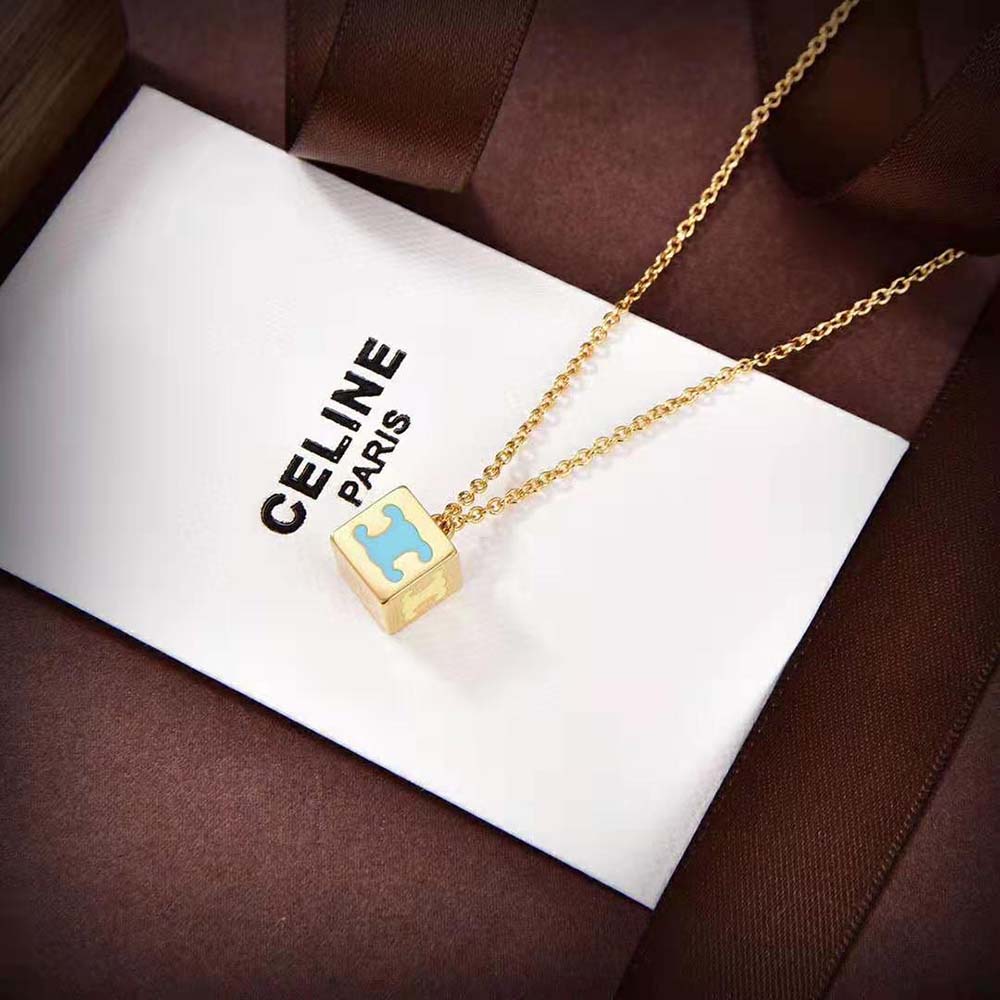 Celine Women Triomphe Cube Necklace in Brass with Gold Finish and Colored Enamel - image 6