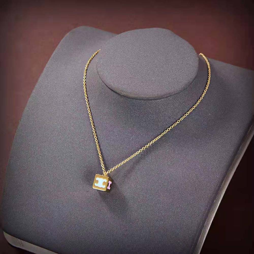 Celine Women Triomphe Cube Necklace worn on slender neckline side view