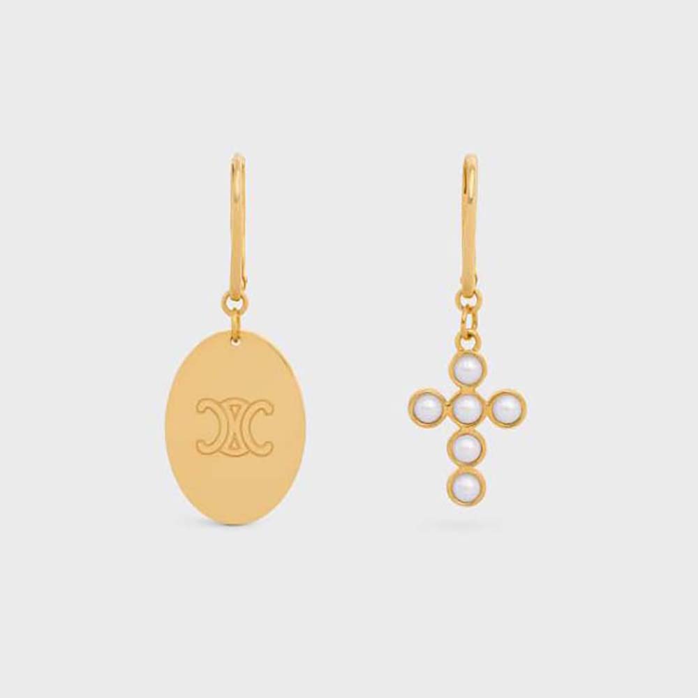 Close-up of Celine Women Triomphe Folk Earrings showing gold finish and resin pearls
