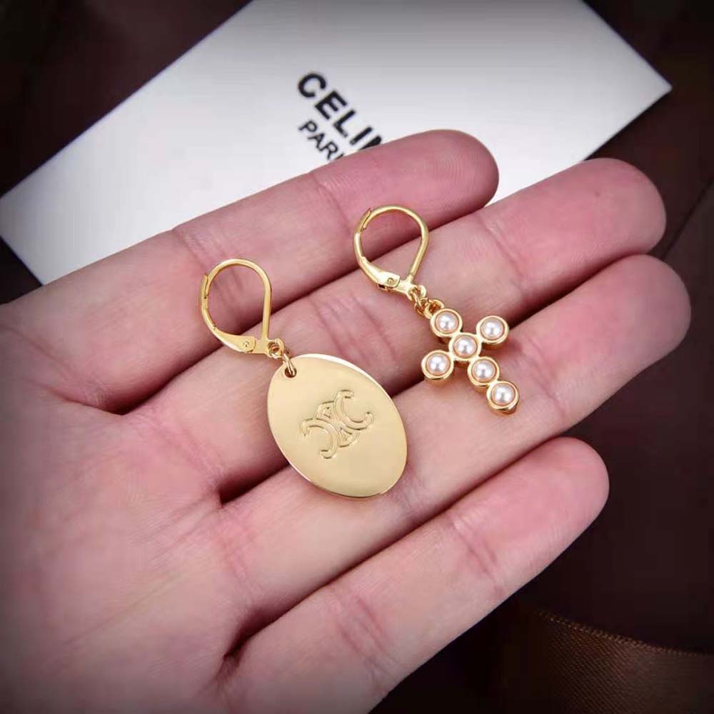 Celine Women Triomphe Folk Earrings in Brass with Gold Finish and Resin Pearls - image 6