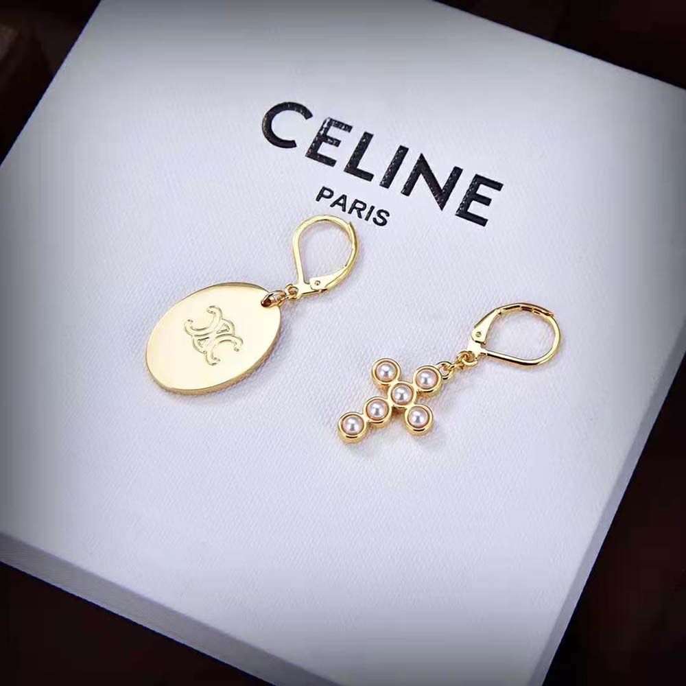 Celine Women Triomphe Folk Earrings in Brass with Gold Finish and Resin Pearls - image 4