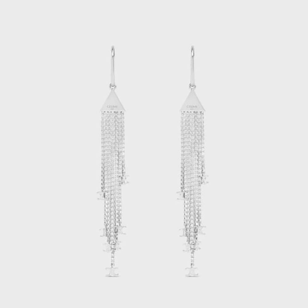 Front view of Celine Women Triomphe Folk Fringe Earrings in silver