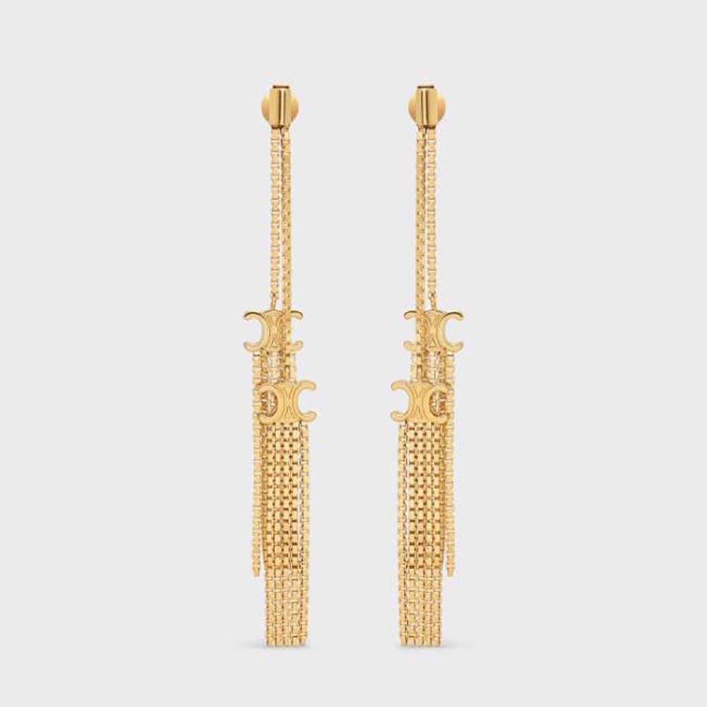 Front view of Celine Women Triomphe Folk Pompon Earrings gold finish