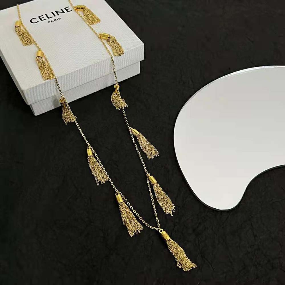 Side angle showing clasp and length of Celine Women Triomphe Folk Pompons Sautoir