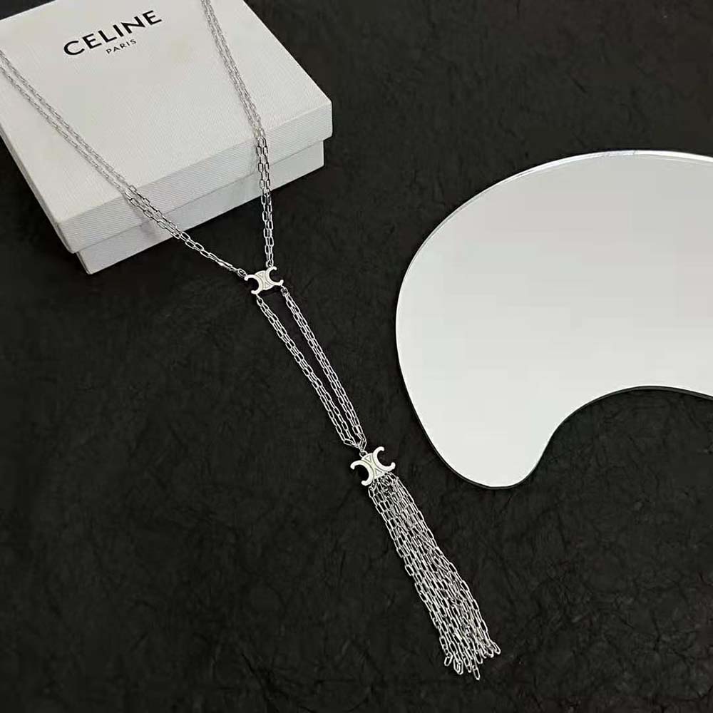 Front view of Celine Women Triomphe Folk Tie Long Necklace in silver