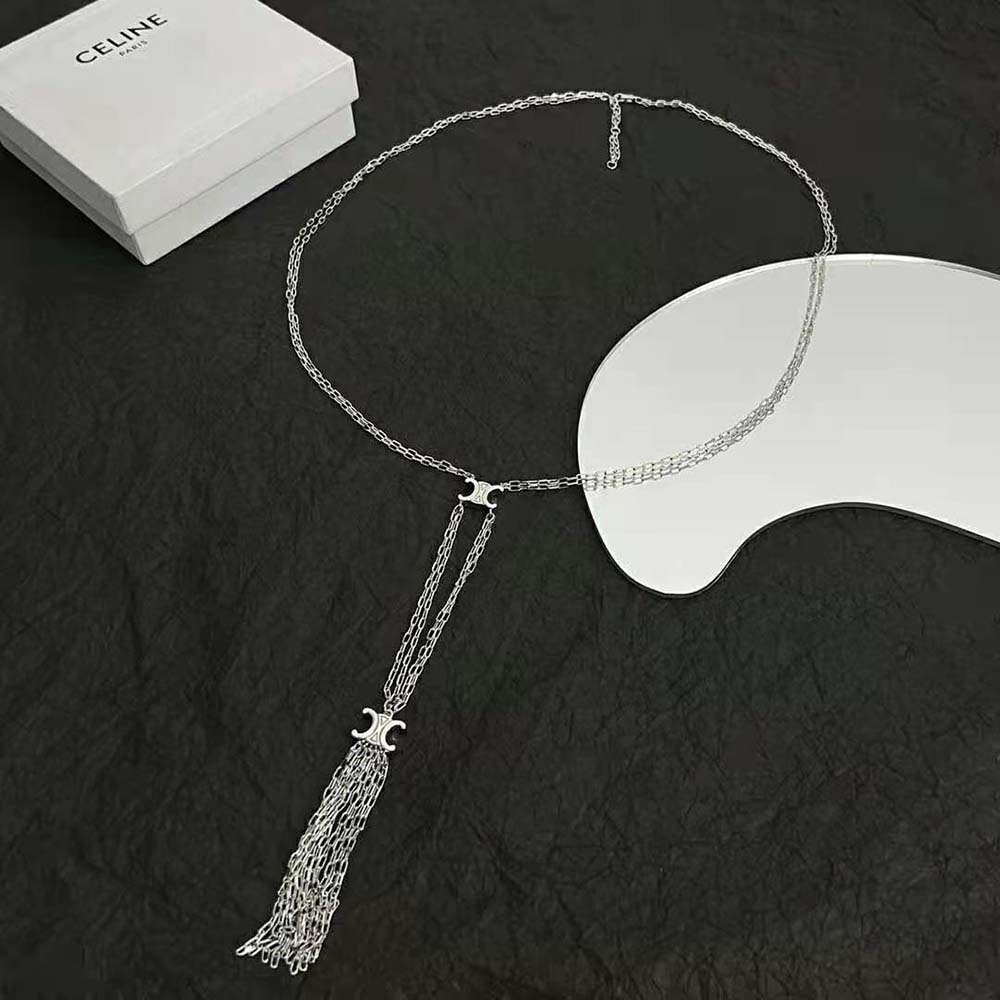 Celine Women Triomphe Folk Tie Long Necklace in Brass with Rhodium Finish - image 4