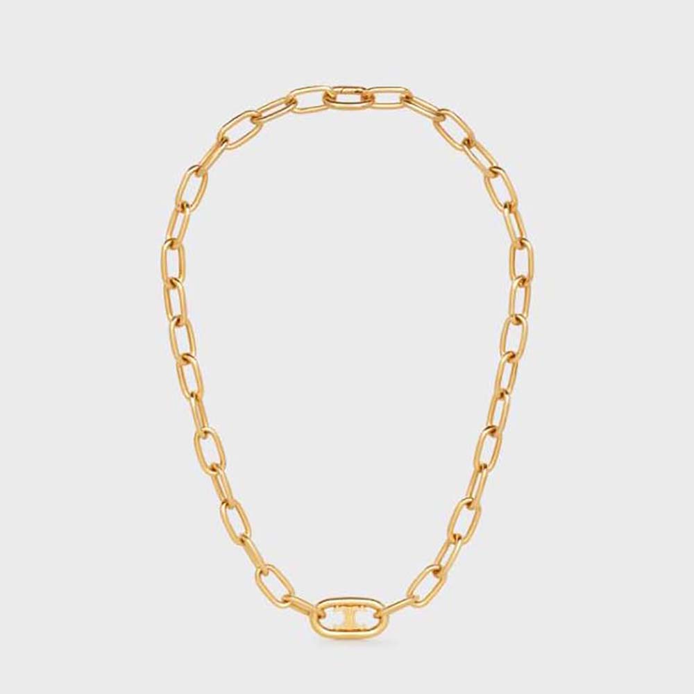 Close-up of Celine Women Triomphe Link Necklace gold finish and clasp detail