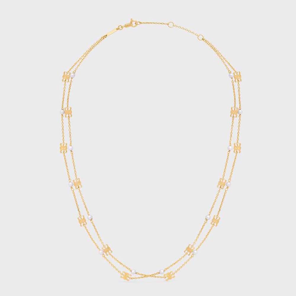 Front view of Celine Women Triomphe Pearl Double Necklace gold finish