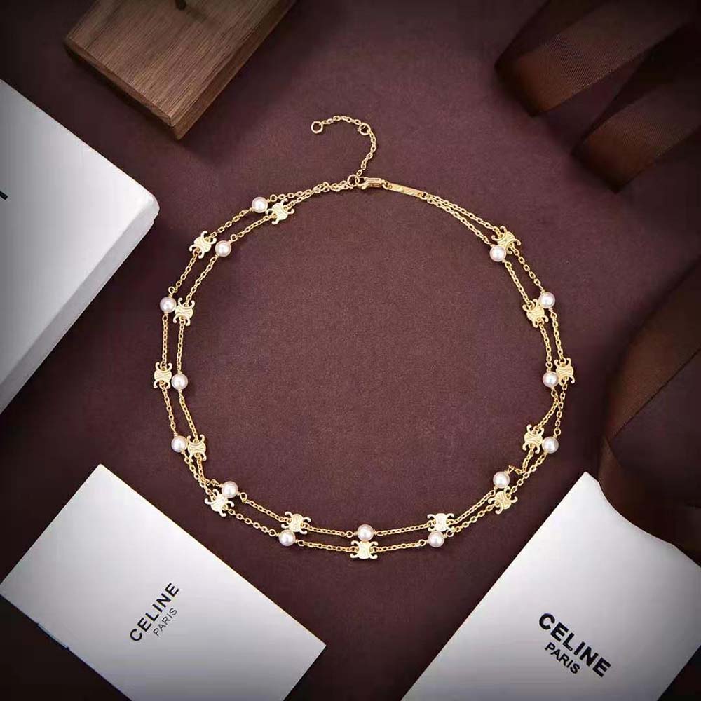 Side angle showing layered design of Celine Women Triomphe Pearl Necklace
