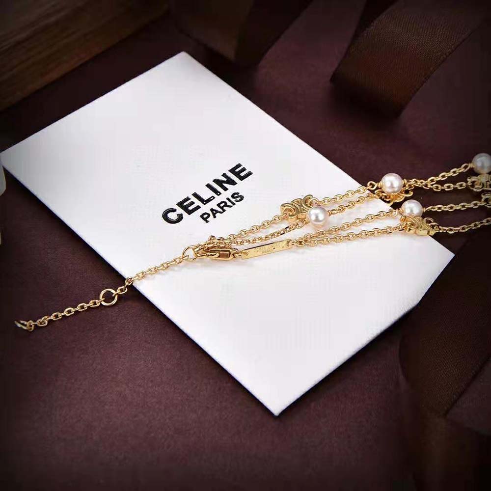 Celine Women Triomphe Pearl Double Necklace in Brass with Gold Finish and Resin Pearls - image 7