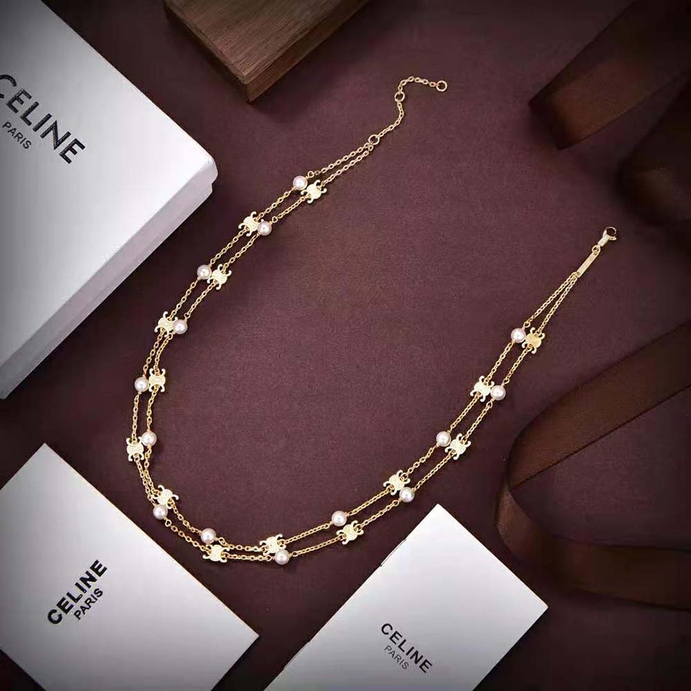 Celine Women Triomphe Pearl Double Necklace in Brass with Gold Finish and Resin Pearls - image 5