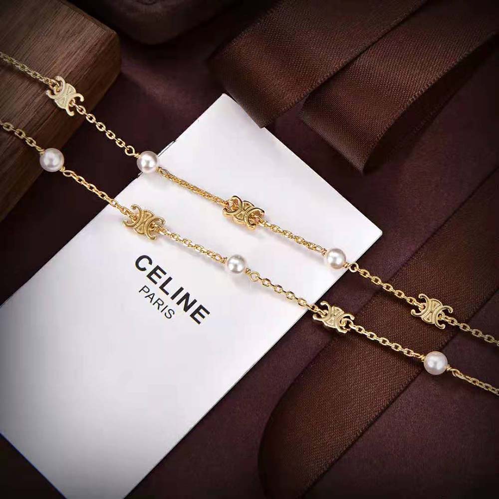 Celine Women Triomphe Pearl Double Necklace in Brass with Gold Finish and Resin Pearls - image 6