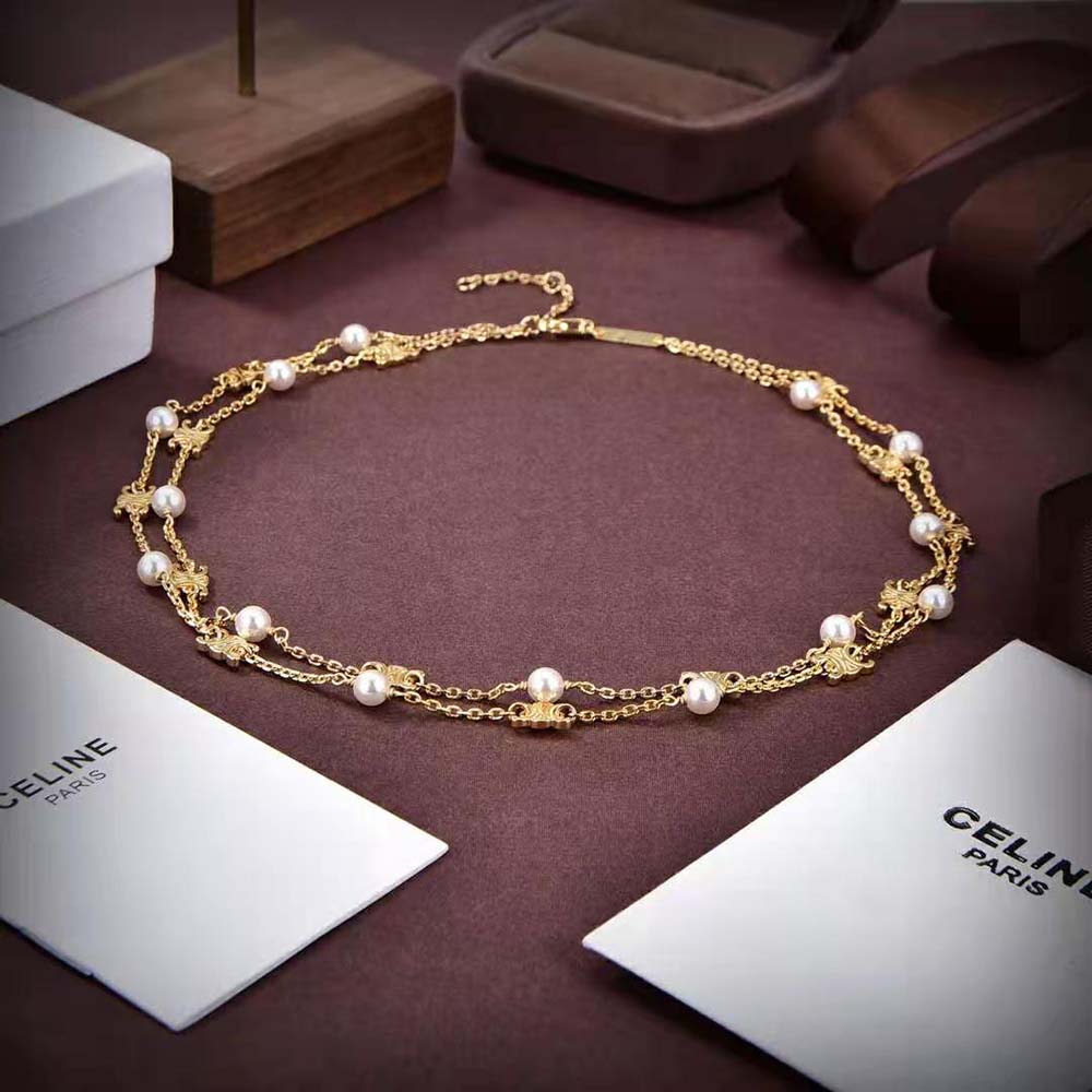 Celine Women Triomphe Pearl Double Necklace in Brass with Gold Finish and Resin Pearls - image 4