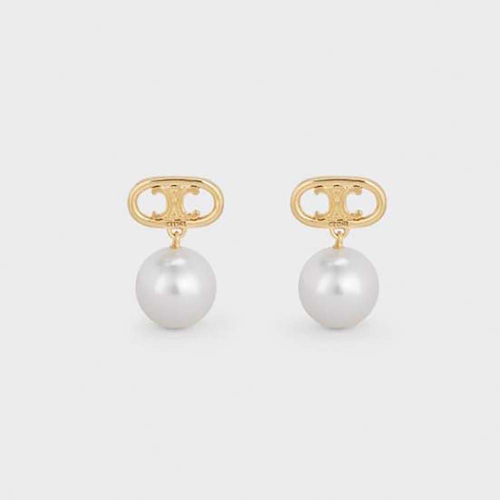 Close-up of Celine Women Triomphe Pearl Earrings side profile