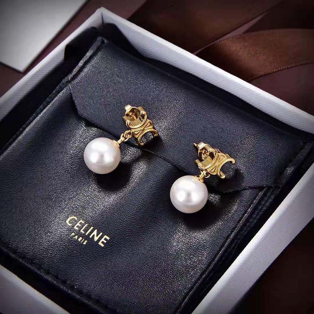 Front view of Celine Women Triomphe Pearl Earrings with gold finish