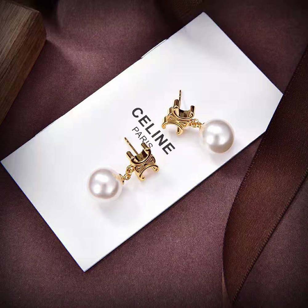 Celine Women Triomphe Pearl Earrings in Brass with Gold Finish and Glass Pearls - image 5