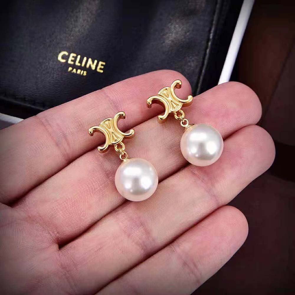 Celine Women Triomphe Pearl Earrings in Brass with Gold Finish and Glass Pearls - image 6