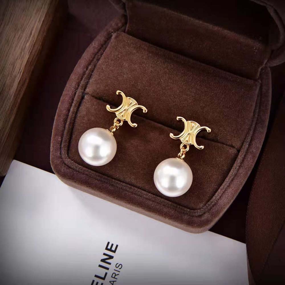 Celine Women Triomphe Pearl Earrings in Brass with Gold Finish and Glass Pearls - image 4