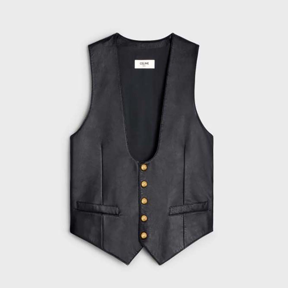 Front view of Celine Men Waistcoat in Soft Lambskin-Black