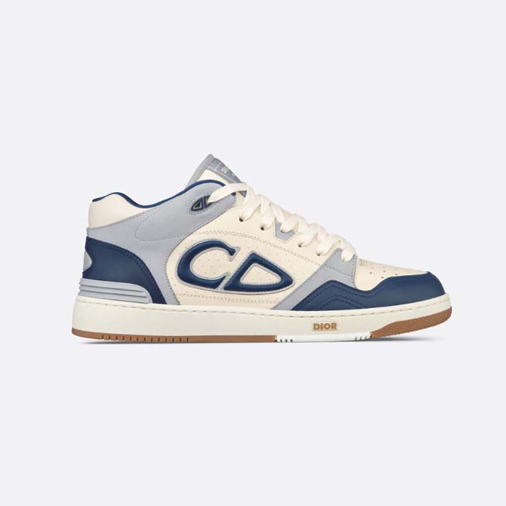 Side view of Dior Men B57 Mid-Top Sneaker Navy Blue and Cream smooth calfskin