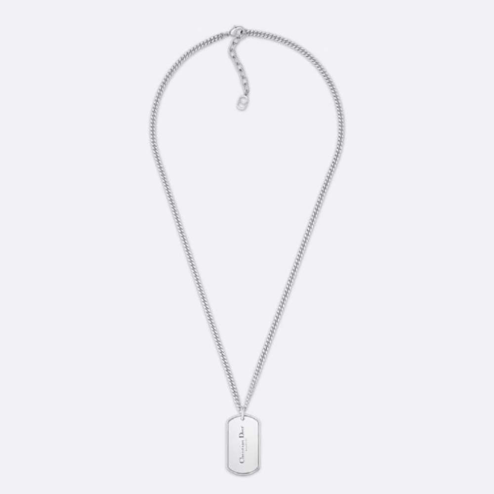 Front view of Dior Men CD Couture Plate Pendant Necklace in silver finish