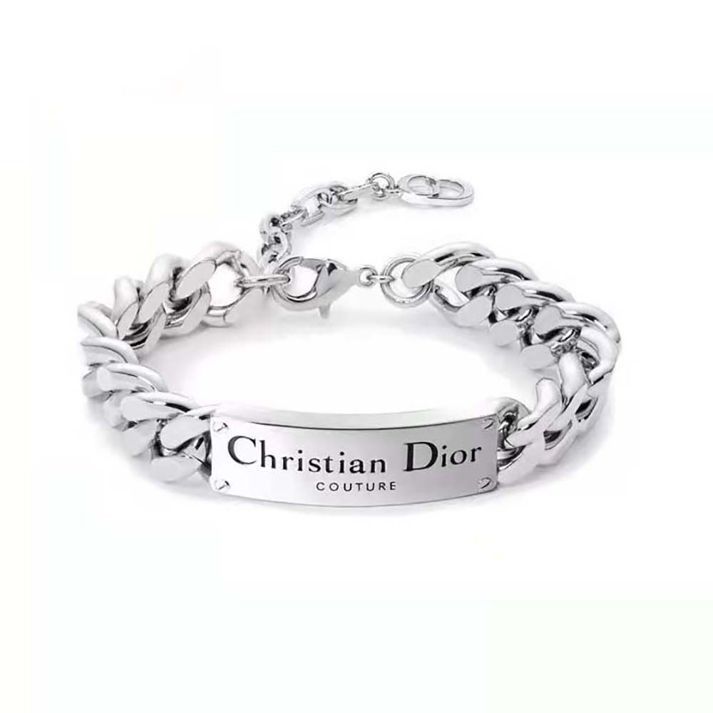 Close-up front view of Dior Men Christian Dior Couture Chain Link Bracelet in silver