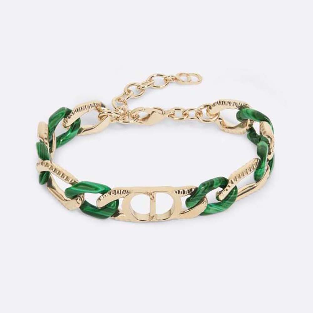 Front angle of Dior Men Tears Chain Link Bracelet Gold-Finish Brass and Green Resin