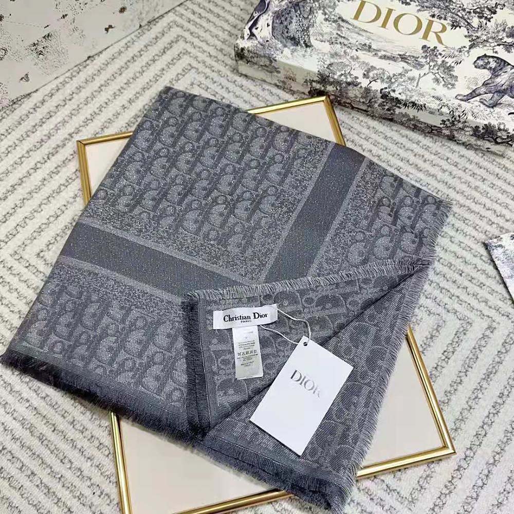 Dior Unisex Oblique Shawl Gray Silk Blend with Metallic Thread - image 6