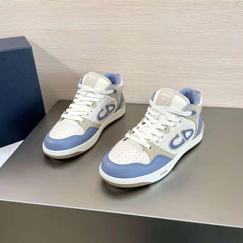 Front angle showcasing lace closure on Dior Men B57 Mid-Top Sneaker Blue and Cream