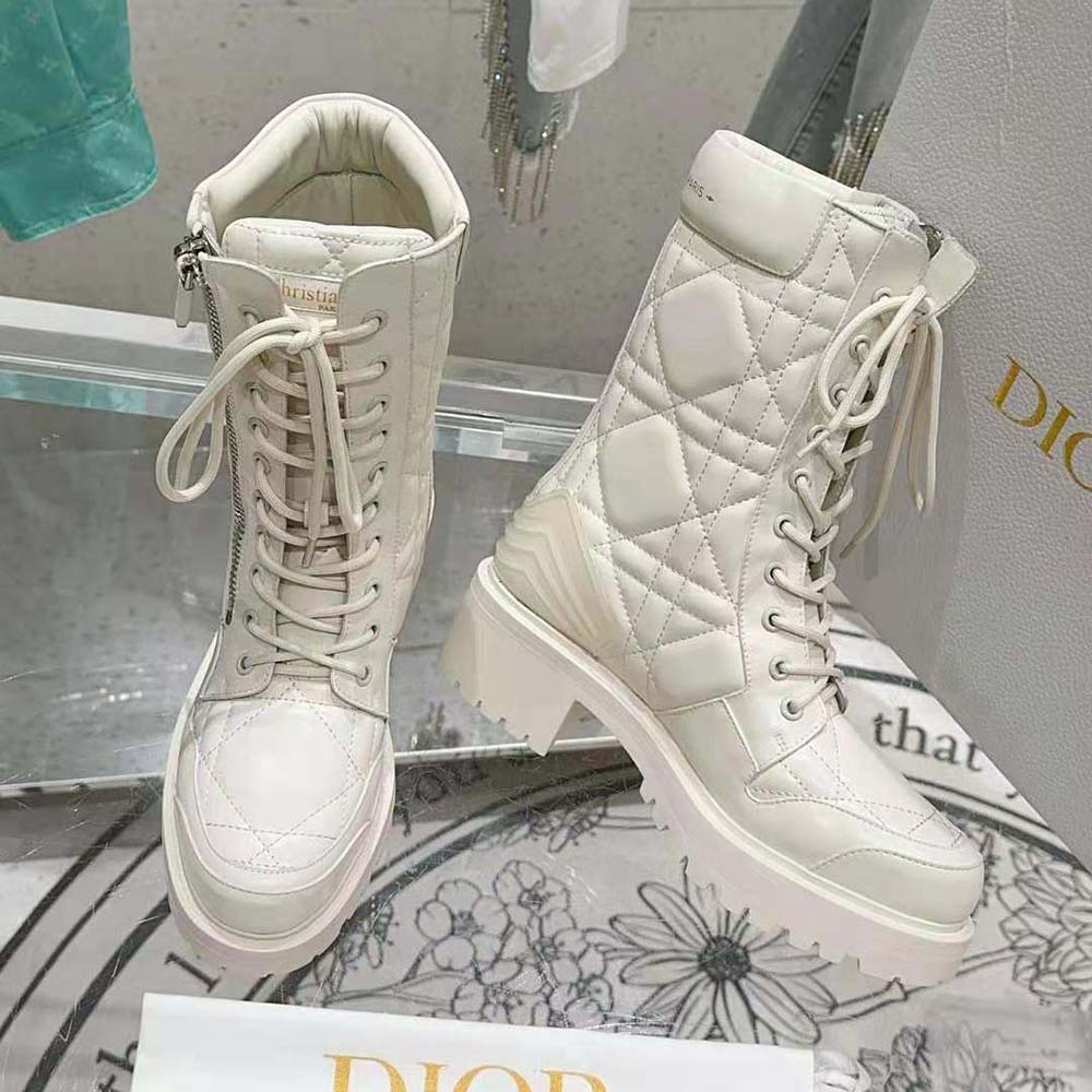Side view showcasing silver hardware on Dior Women D-Leader Ankle Boot White