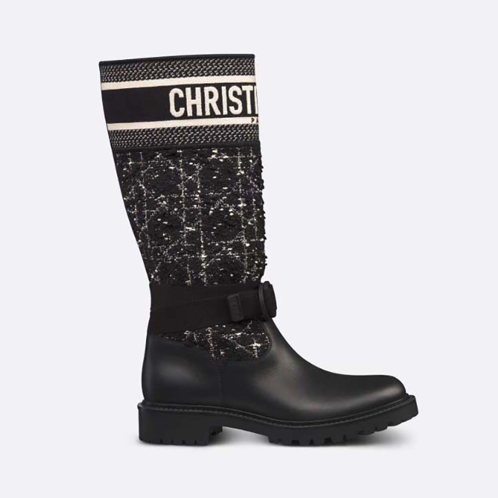 Front angle of Dior Women D-Major Boot Black Calfskin with Cannage Tweed