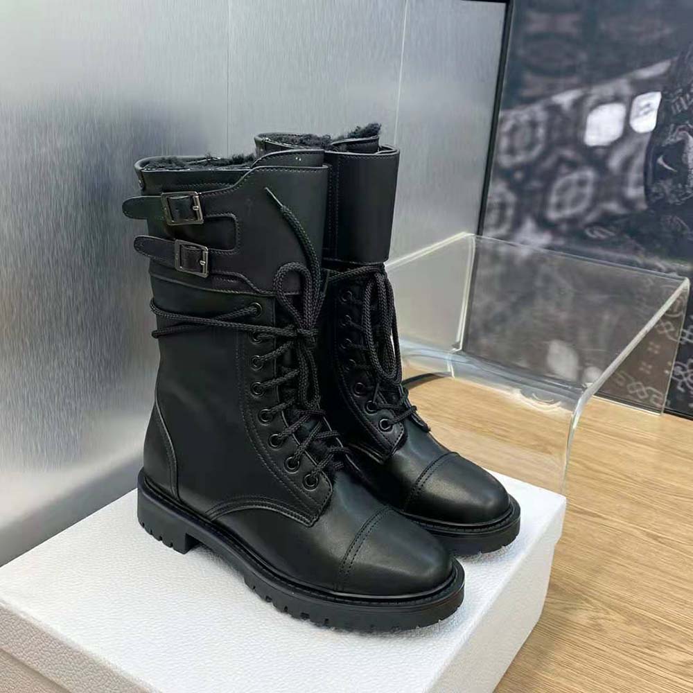 Interior shearling lining visible on Dior Women D-trap ankle boot