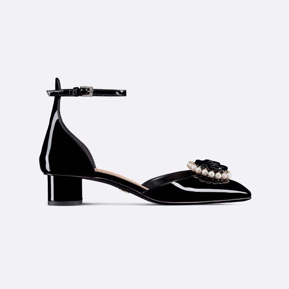Front angle view of Dior Women Dior Rose Pump Black Patent Calfskin and White Resin Pearls
