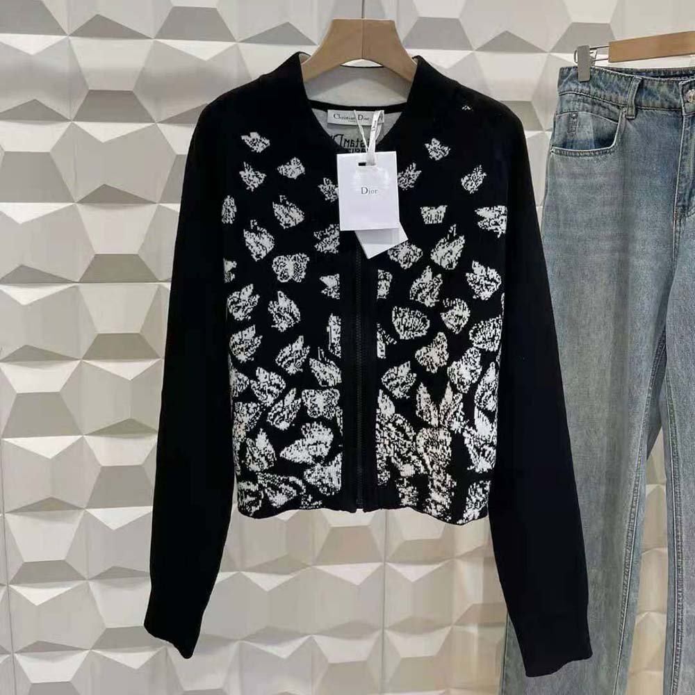 Close-up of Dior hardware and knit texture on Dioralps bomber jacket