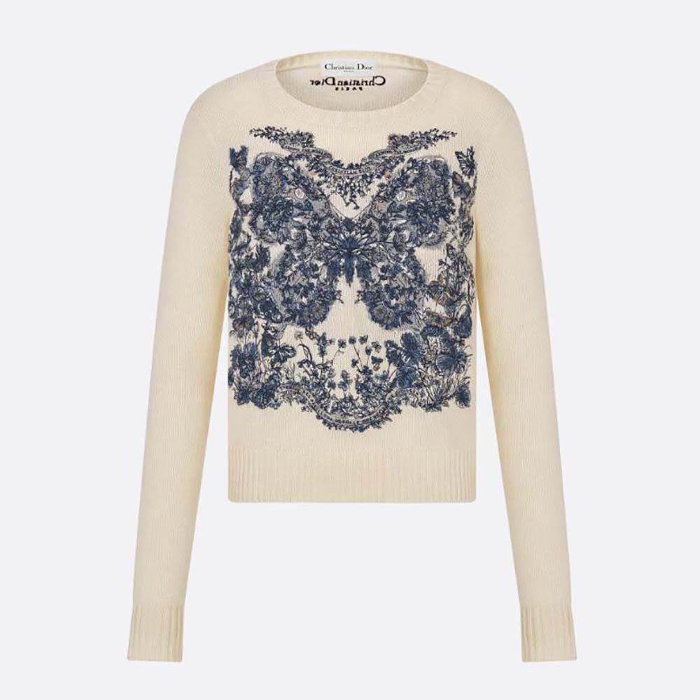 Front view of Dior Women Embroidered Sweater ecru cashmere with butterfly motif