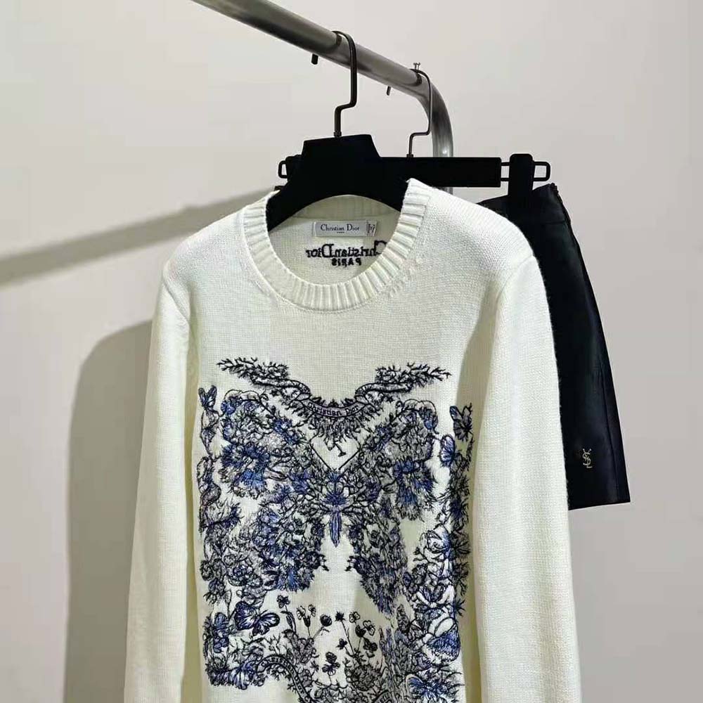 Dior Women Embroidered Sweater Ecru Cashmere Knit with Pastel Midnight Blue Butterfly Around The World Motif - image 4