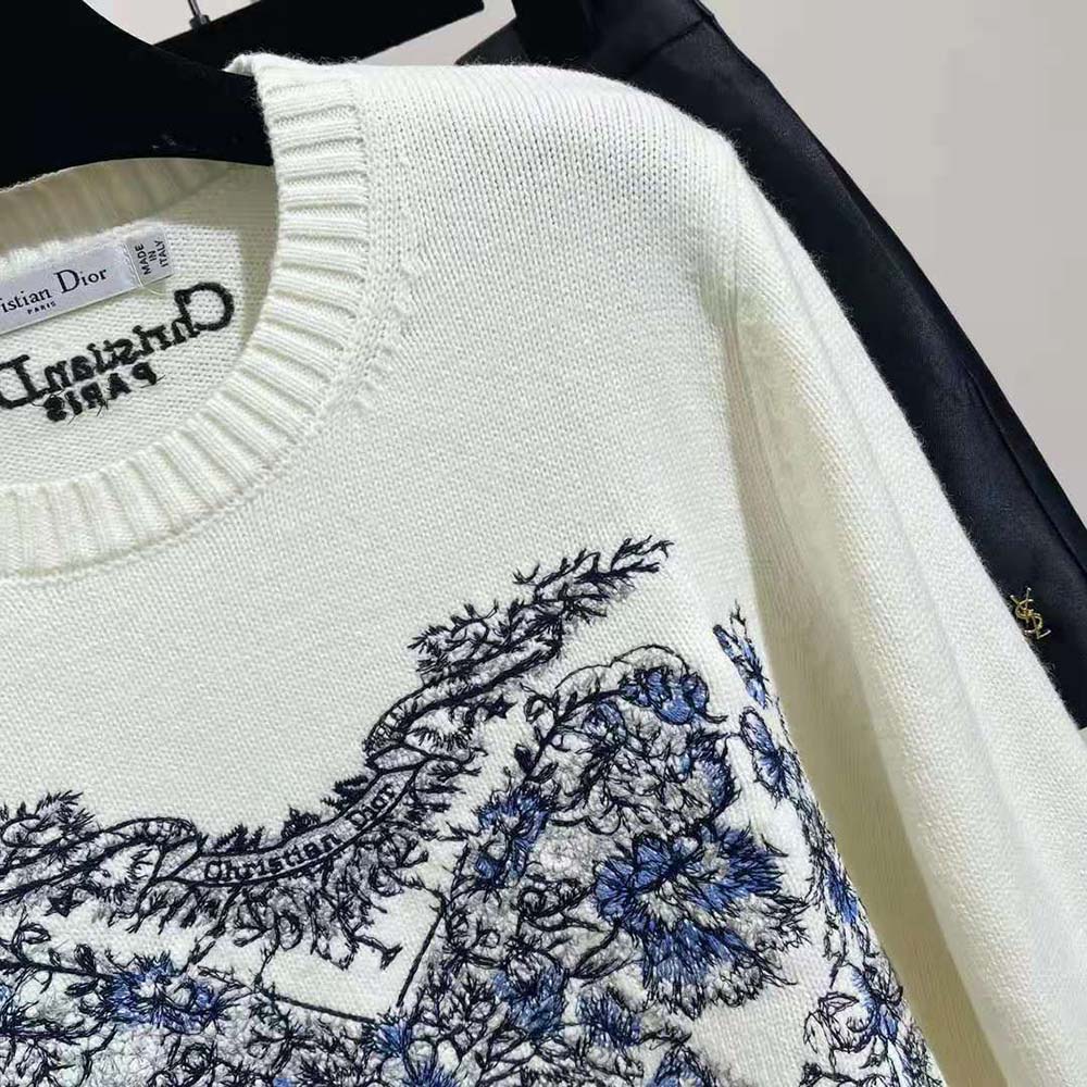 Dior Women Embroidered Sweater Ecru Cashmere Knit with Pastel Midnight Blue Butterfly Around The World Motif - image 5