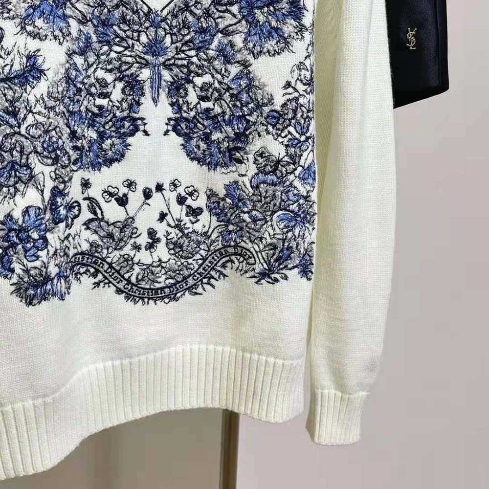 Dior Women Embroidered Sweater Ecru Cashmere Knit with Pastel Midnight Blue Butterfly Around The World Motif - image 7