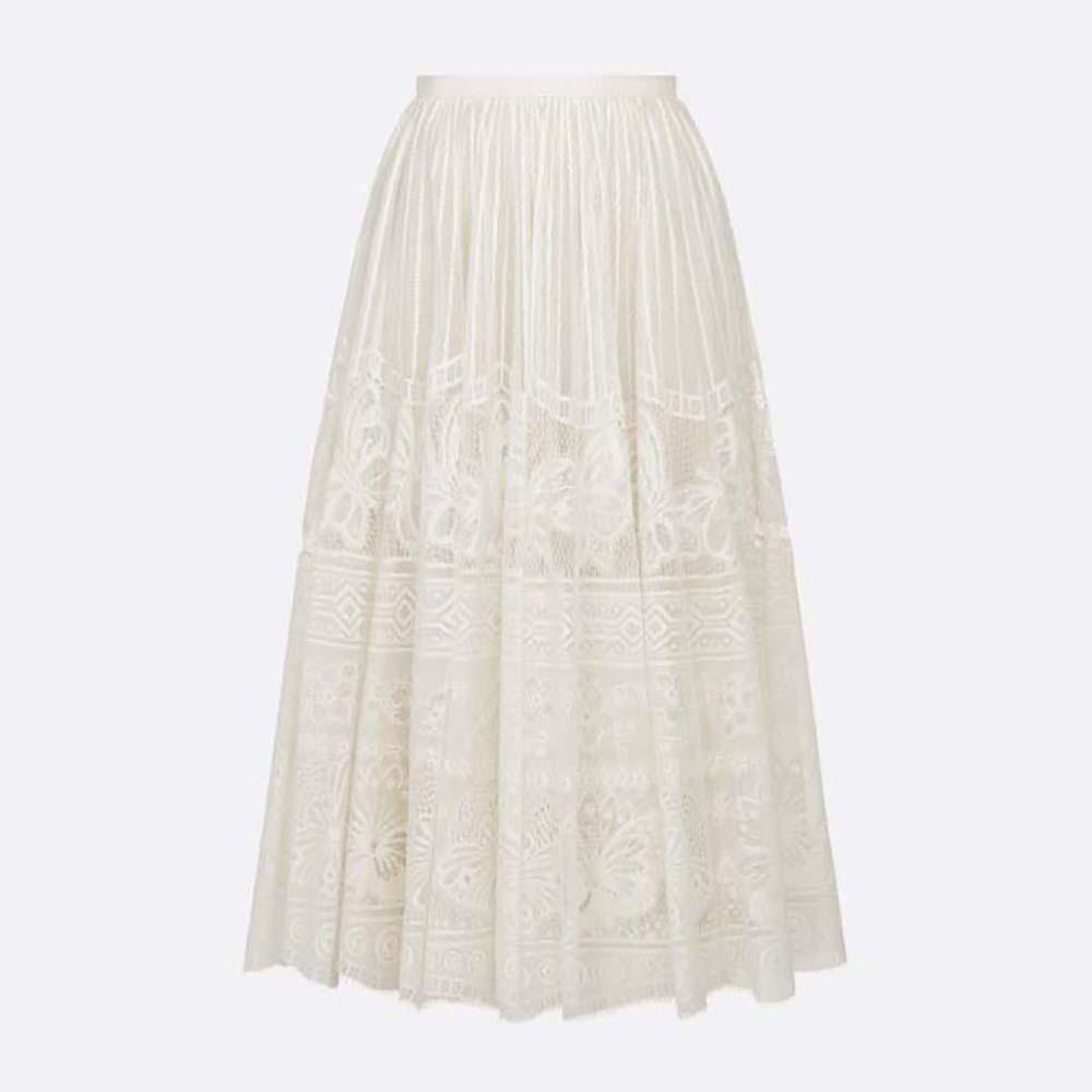 Front view of Dior Women Flared Mid-length Skirt Ecru Technical Cotton Lace