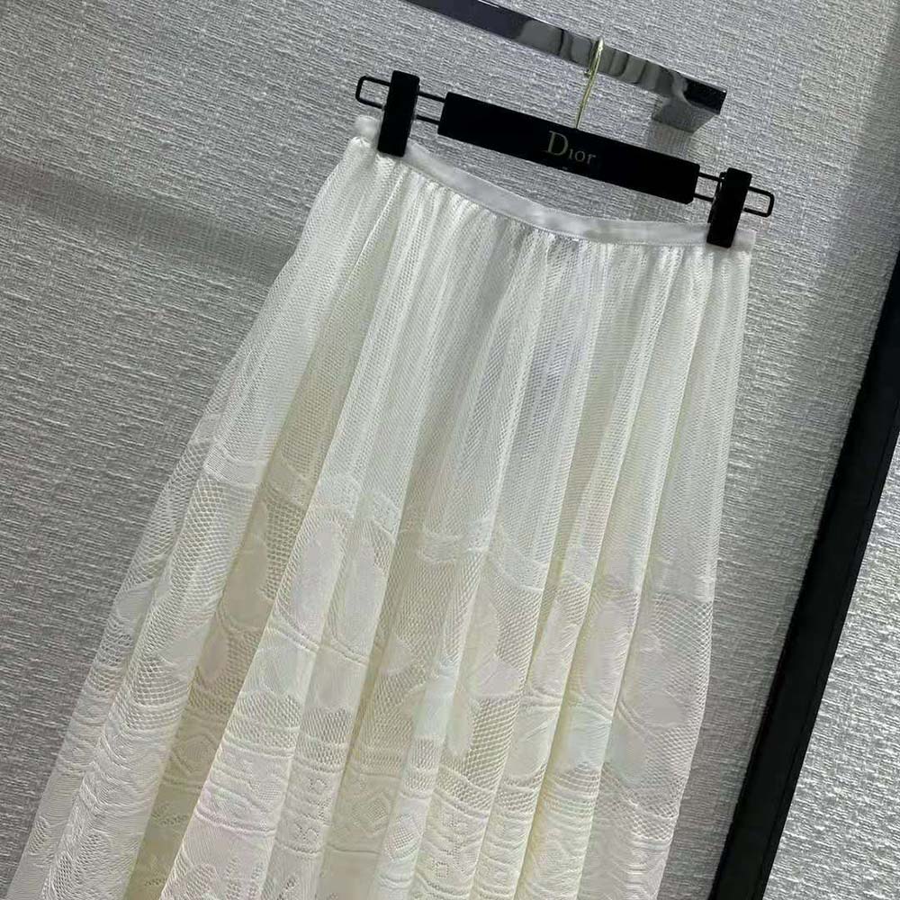 Dior Women Flared Mid-length Skirt Ecru Technical Cotton Lace with D-Lace Butterfly Motif - image 4