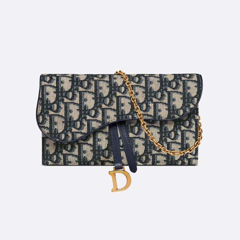 Front view of Dior Women Long Saddle Wallet with Chain in blue jacquard